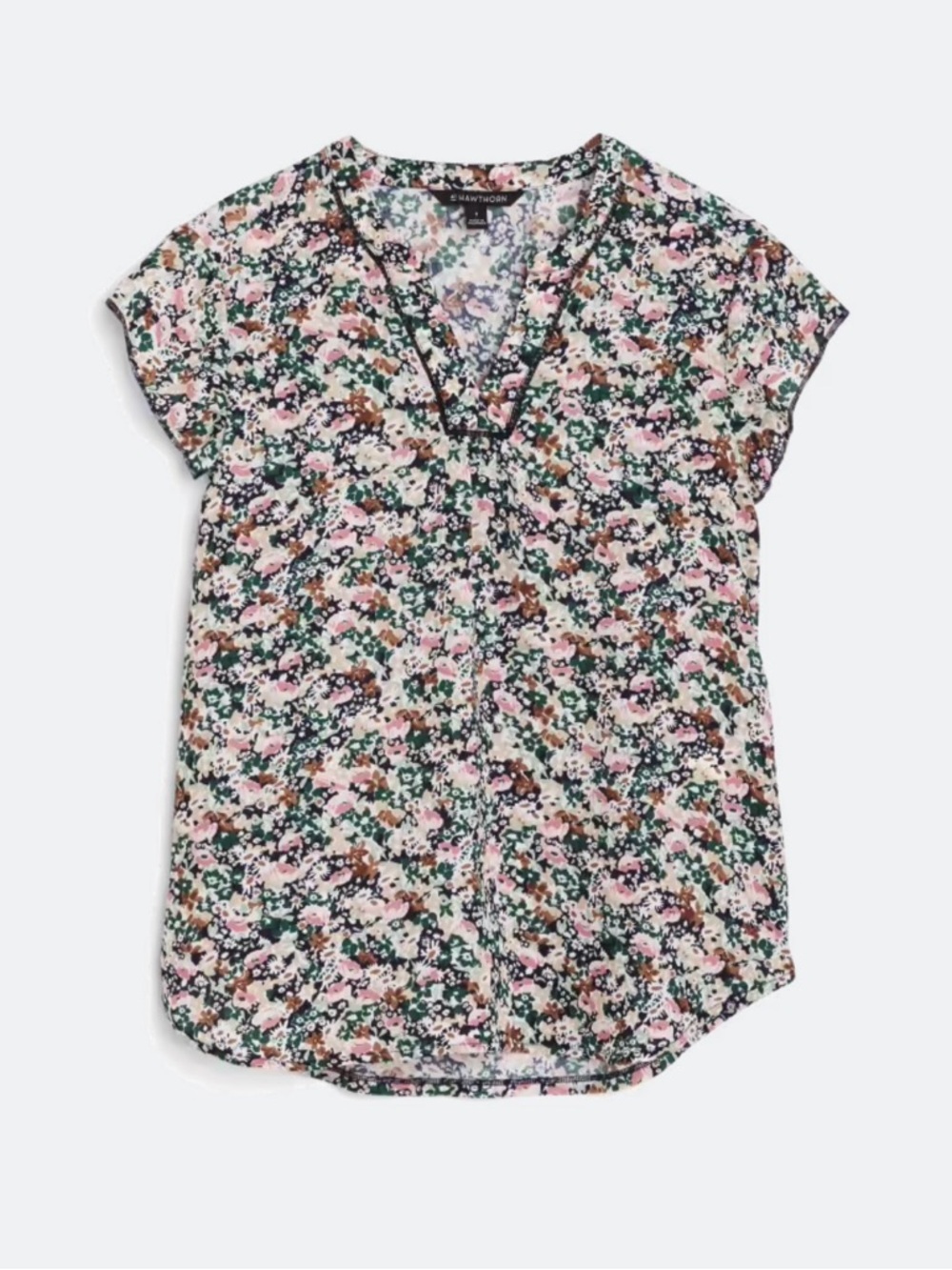 41 Hawthorn Pink Green Floral V-Neck Cap Sleeve Blouse